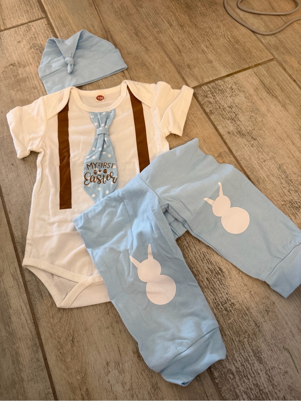 Baby Easter Bodysuit & Pants Set in Light Blue and White with hat